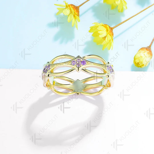 Kuololit PT900 Natural Amethyst Flower Hollow Band for Women Solid Platinum 900 Gold For Engagement Wedding Band Christmas Gifts