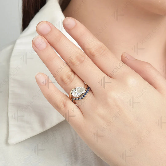 Kuololit 3CT Moissanite Engagement Ring for Women Solid 14K 10K 585 Yellow Gold Lab Blue Sapphire Pear Set Ring for Christmas
