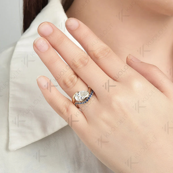 Kuololit 3CT Moissanite Engagement Ring for Women Solid 14K 10K 585 Yellow Gold Lab Blue Sapphire Pear Set Ring for Christmas