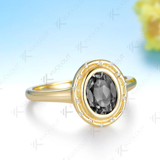 Kuololit 1.5CT OMC Grey Moissanite  Ring for Women Solid 14K 10K Yellow Gold Engagement Oval Ring for Christmas Gift Party