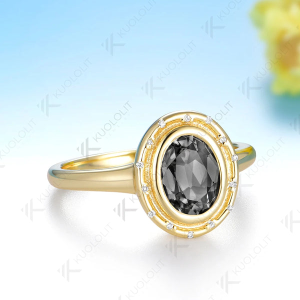 Kuololit 1.5CT OMC Grey Moissanite  Ring for Women Solid 14K 10K Yellow Gold Engagement Oval Ring for Christmas Gift Party