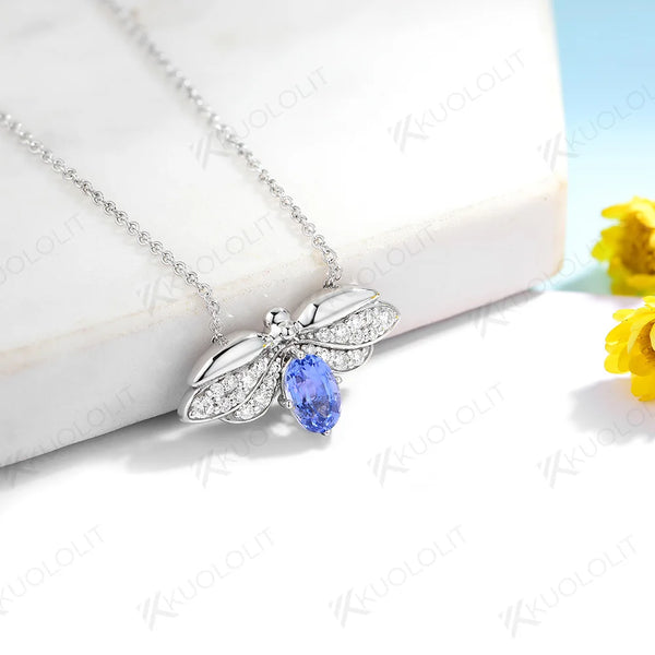Kuololit 0.5CTW Lab Blue Sapphire Moissanite Bee Necklace for Women Solid 18K 14K 10K 585 White Gold Oval Pendant for Christmas