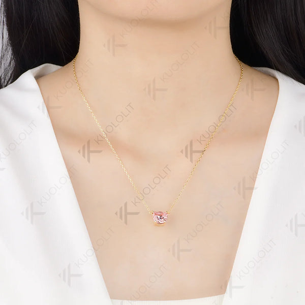 Kuololit 3.2CT Pink Moissanite Cat Necklace for Women Solid 585 14K 10K Yellow Gold Custom Necklace for Christmas Anniversary