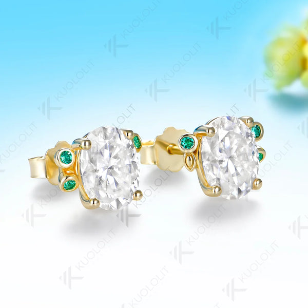 Kuololit 3CTW Oval Moissanite Lab Emerald Custom Stud Earrings for Women Solid 14K 10K 585 Yellow Gold for Christmas Gift Party