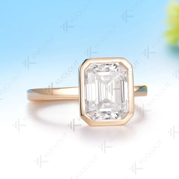 Kuololit 3ct Emerald Cut Europe Shank Custom Ring for Women Solid 14K 10K 585 Rose Gold Engagement Ring for Christmas Gift Party