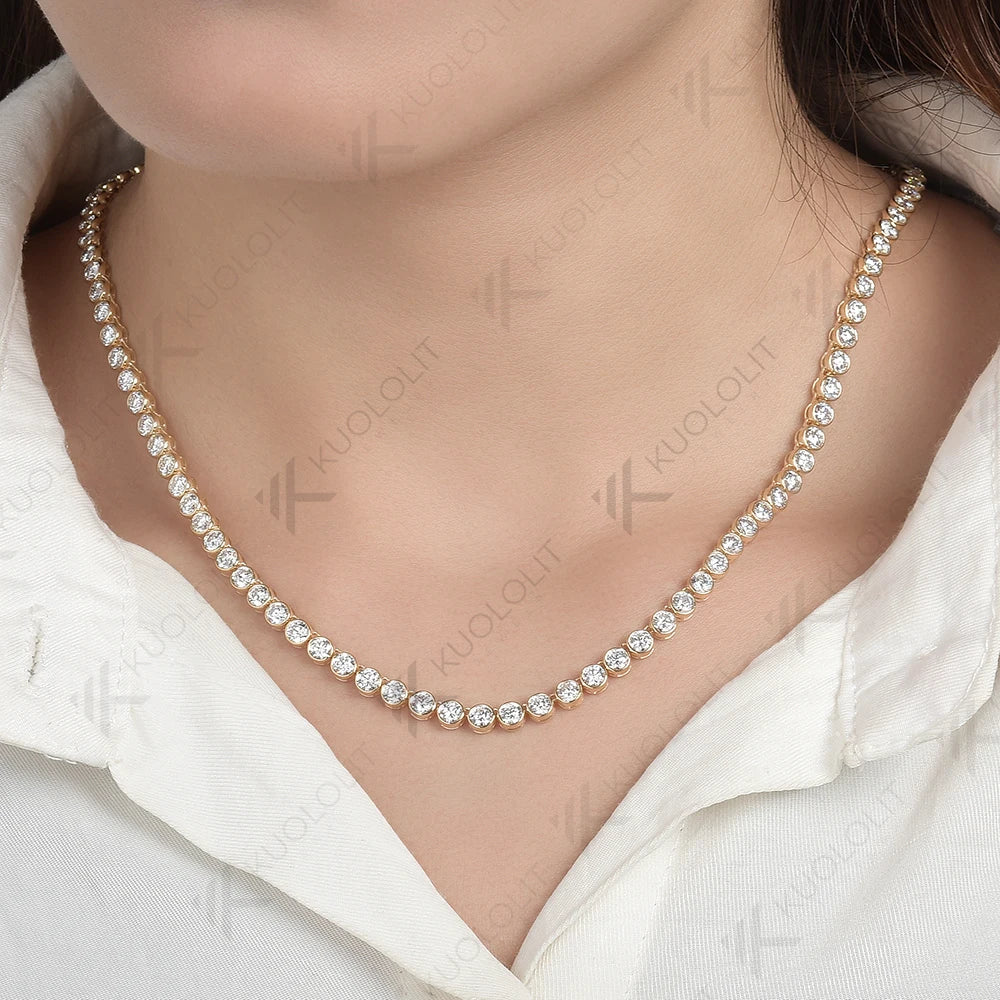 Kuololit 20.4CTW Moissanite Bezel Set Tennis Necklace for Women Pure 18K 14K 10K Gold Necklace for Anniversary Engagement Gifts