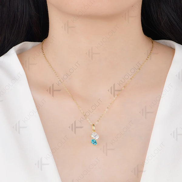 Kuololit 3.5CTW Paraiba Moissanite Custom Set Necklace for Women Solid 14K 10K 585 Yellow Gold Necklace for Christmas Gift Party