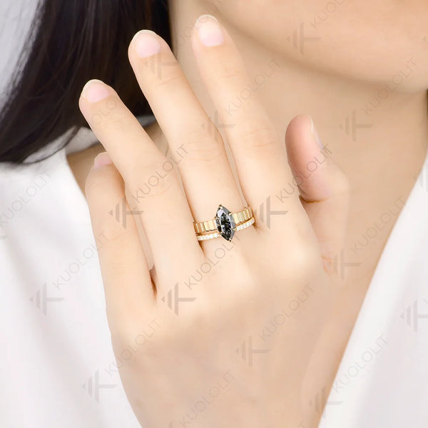 Kuololit 2CT Grey Marquise Moissanite Custom Set Ring for Women Solid 14K 10K 585 Yellow Gold Engagement Ring for Christmas Gift