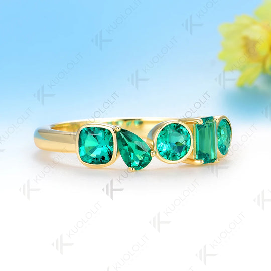 Kuololit 1.7CTW Lab Grown Emerald Ring for Women Solid 14K 10K 585 Yellow Gold for Eternity Half Band Christmas Gifts Jewelry