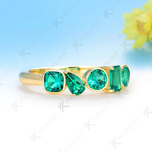 Kuololit 1.7CTW Lab Grown Emerald Ring for Women Solid 14K 10K 585 Yellow Gold for Eternity Half Band Christmas Gifts Jewelry
