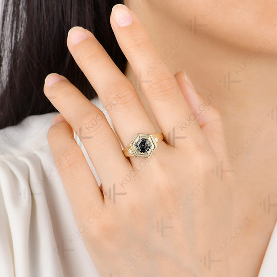 Kuololit 2CT Grey Hexagon Cut Moissanite Custom Ring for Women Solid 14K 10K  Yellow Gold Ring for Anniversary Christmas Gift