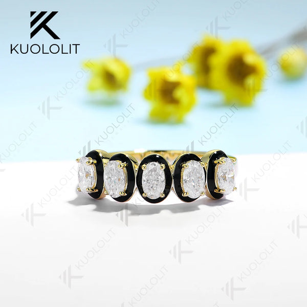 Kuololit 1.5CTW Oval Moissanite Black Enamel Band for Women Solid 10K 585 Yellow Gold Moissanite Engagement Ring for Christmas