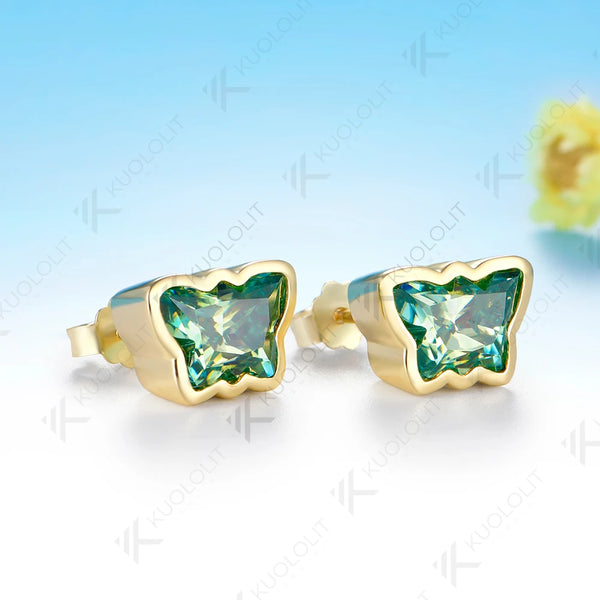 Kuololit 4CTW Butterfly Cyan Moissanite Clip Earring for Women Solid 14K 10K Yellow Gold Animal Earring for Christmas Gift Party