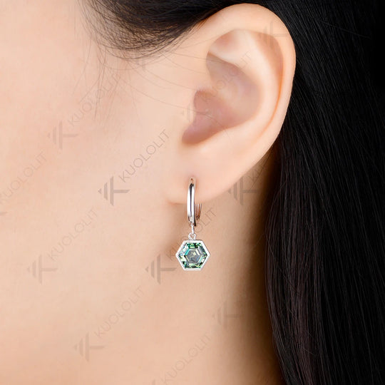 Kuololit 3CTW Cyan Moissanite Hexagon Earrings for Women Solid 14K 10K Yellow Gold Hoop Clip Earrings for Christmas Gifts Party
