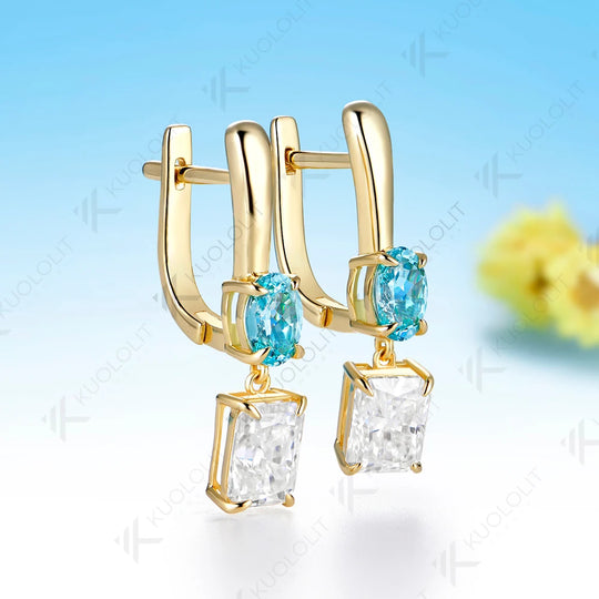 Kuololit 7CTW Paraiba Moissanite Custom Earrings for Women Solid 14K 10K585 Yellow Gold Hoop Earrings for Christmas Gifts Party