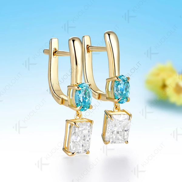 Kuololit 7CTW Paraiba Moissanite Custom Earrings for Women Solid 14K 10K585 Yellow Gold Hoop Earrings for Christmas Gifts Party