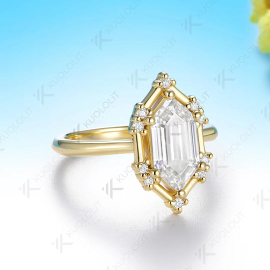 Kuololit 2.5CT Elonged Hexagon Cut Custom Ring for Women Solid 14K 10K 585 Yellow Gold Engagement Ring for Christmas Gift Party