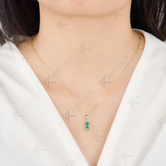 Kuololit 1CT Cyan Moissanite Marquise Custom Necklace for Women Solid 585 14K 10K Yellow Gold Necklace for Christmas Gifts Party