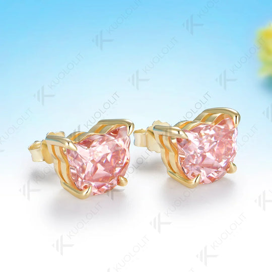 Kuololit 6.4CTW Pink Moissanite Custom Stud Earrings for Women Solid 14K 10K 585 Yellow Gold Cat Cut for Christmas Gifts Party