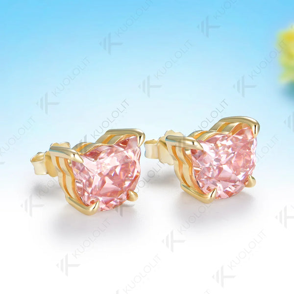 Kuololit 6.4CTW Pink Moissanite Custom Stud Earrings for Women Solid 14K 10K 585 Yellow Gold Cat Cut for Christmas Gifts Party