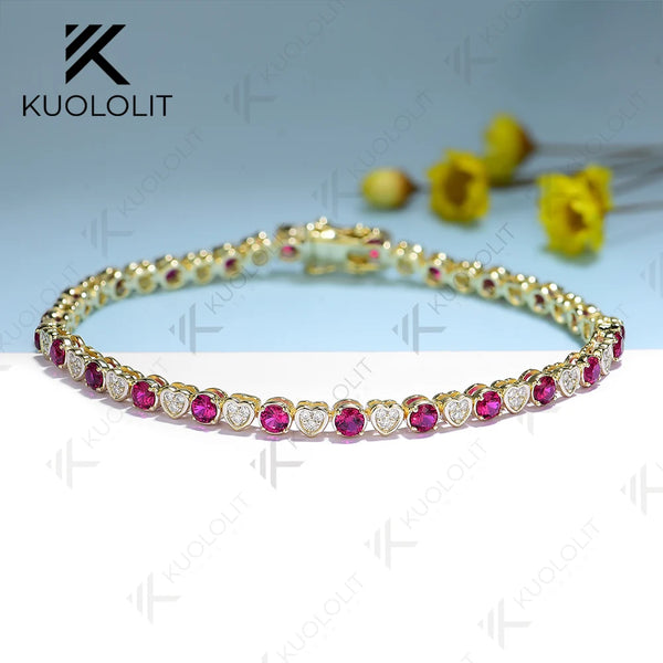 Kuololit Lab Grown Ruby Tennis Bracelet for Women Men Solid 18K 14K 10K 585 Yellow Gold Moissanite Bracelet for Christmas Gifts