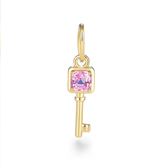 Kuololit Key Pendant Lab Grown Emerald Pink Sapphire Moissanite for Women Solid Yellow Gold No Chain