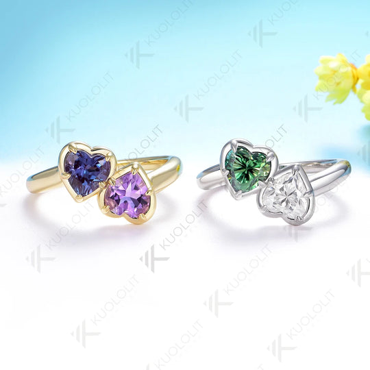 Kuololit 1.6CTW Lab Grown Alexandrite Amethyst Ring for Women Solid 14K 10K 585 Yellow Gold Heart Ring for Christmas Gifts Party