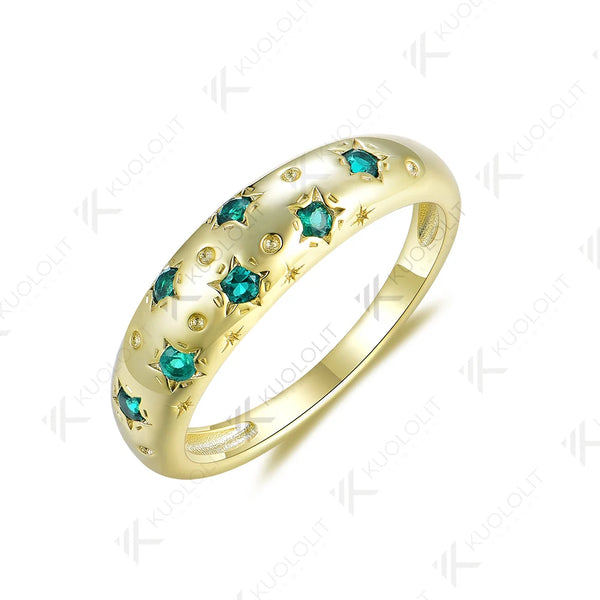 Kuololit 0.21CTW Lab Grown Emerald Starburst Band Rings Engagement Rings for Women Men Solid 14K Gold for Wedding Christmas Gift
