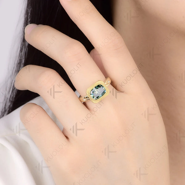 Kuololit 2.5CT Cushion Cut Cyan Moissanite Ring for Women Solid 14K 10K 585 Yellow Gold Engagement Ring for Christmas Gift Party