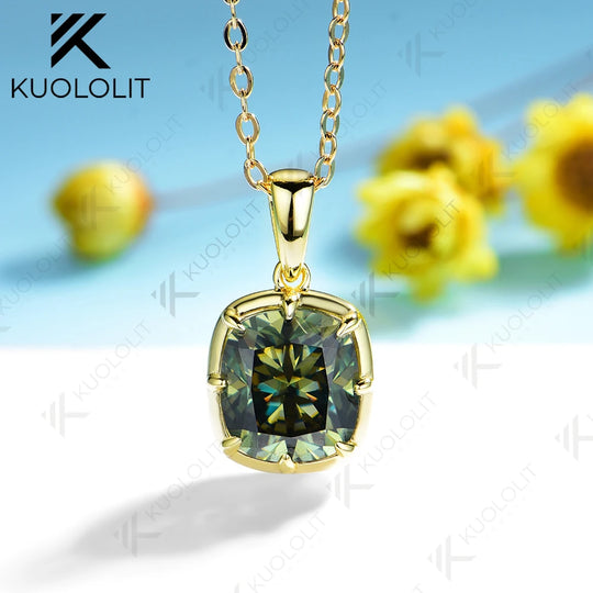 Kuololit 2.5CT Cyan Moissanite Lab Grown Pink Sapphire  Cushion Cut Necklace for Women Solid14K10K 585 Yellow Gold Necklace for Christmas Gift Engagement