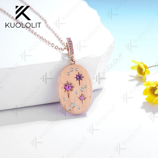 Kuololit Lab Grown Pink Sapphire Necklace for Women Solid 10K 14K 18K 925 Sliver Moissanite Pendant  for Engagement Christmas