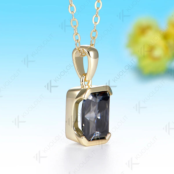 Kuololit 3CT Gray Moissanite Custom Necklace for Women Solid 585 14K 10K Yellow Gold Emerald cut Necklace for Christmas Party