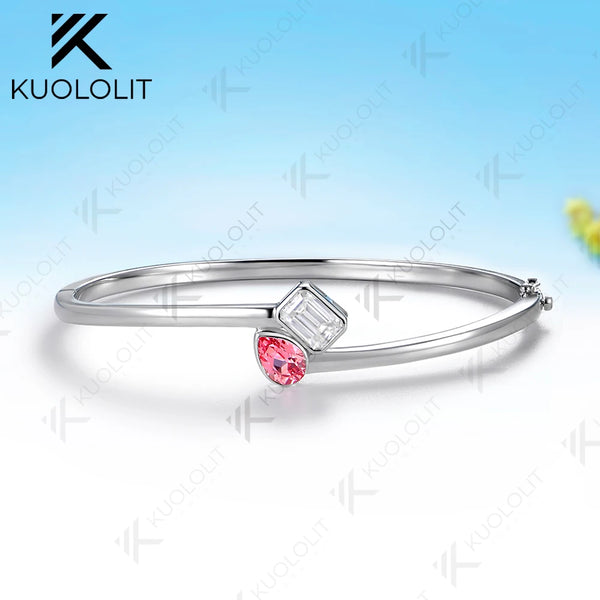 Kuololit 1.8CTW Lab Grown Pink Sapphire Moissantie Bangle for Women Solid 10K Yellow Gold Pear Bangle for Trendy Christams Gift