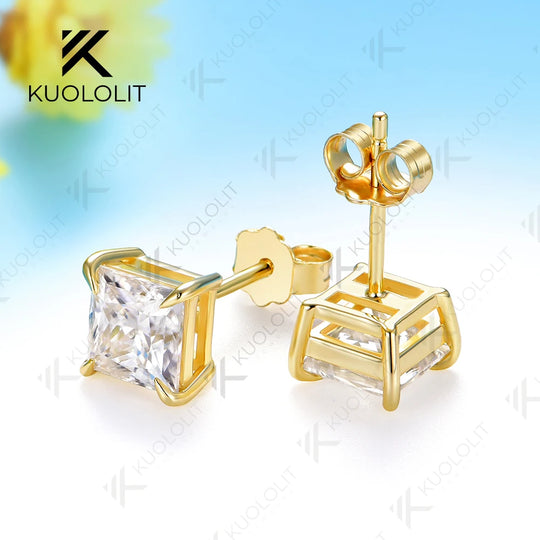 Kuololit 2.4CTW Princess Cut Moissanite Custom Stud Earrings for Women Solid 14K 10K 585 Yellow Gold Stud Earrings for Christmas