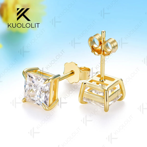 Kuololit 2.4CTW Princess Cut Moissanite Custom Stud Earrings for Women Solid 14K 10K 585 Yellow Gold Stud Earrings for Christmas