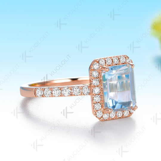 Kuololit 2CT Natural Aquamarine Lab Grown Diamonds Custom Ring for Women Solid 14K 10K 585 Yellow Gold for Christmas Gifts Party