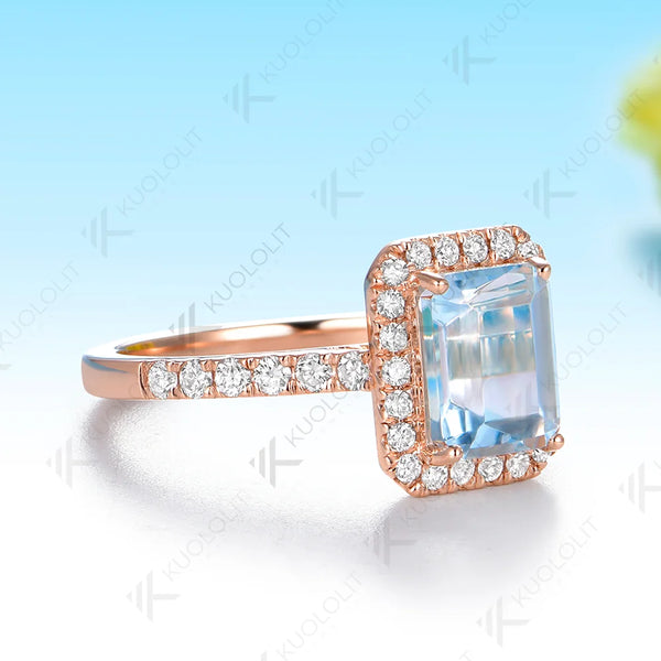 Kuololit 2CT Natural Aquamarine Lab Grown Diamonds Custom Ring for Women Solid 14K 10K 585 Yellow Gold for Christmas Gifts Party