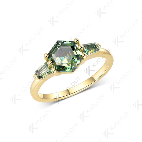 Kuololit 2CT Hexagon Cyan Moissanite Ring for Women Solid 585 10K 14K Yellow Gold for Wedding Engagement Anniversary Christmas