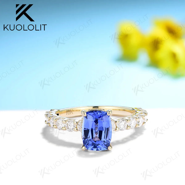 Kuololit 2CT Lab Grown Blue Sapphire Rings for Women Moissanite Solid 14K 10K 585 Yellow Gold for Engagement Wedding Christmas