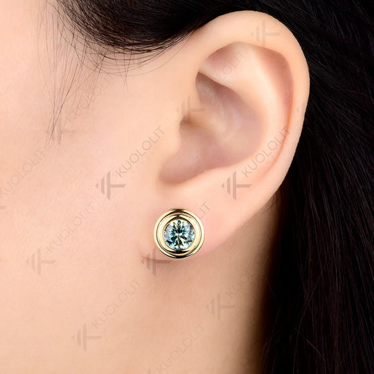 Kuololit 2CTW Cyan Moissanite Stud Earrings for Women Solid 14K 10K 585 Yellow Gold Stud Earrings for Custom Christmas Gifts