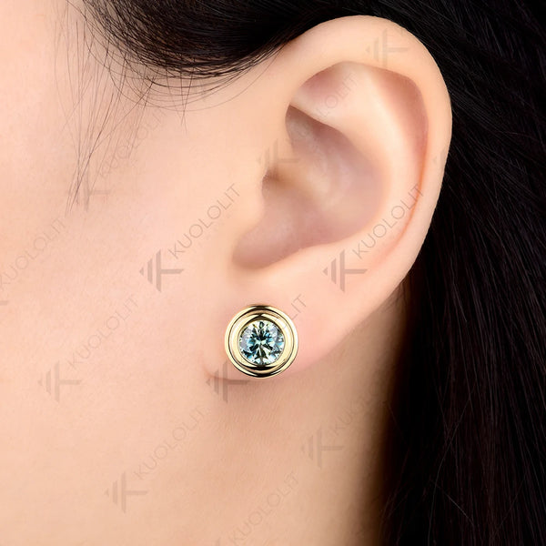 Kuololit 2CTW Cyan Moissanite Stud Earrings for Women Solid 14K 10K 585 Yellow Gold Stud Earrings for Custom Christmas Gifts