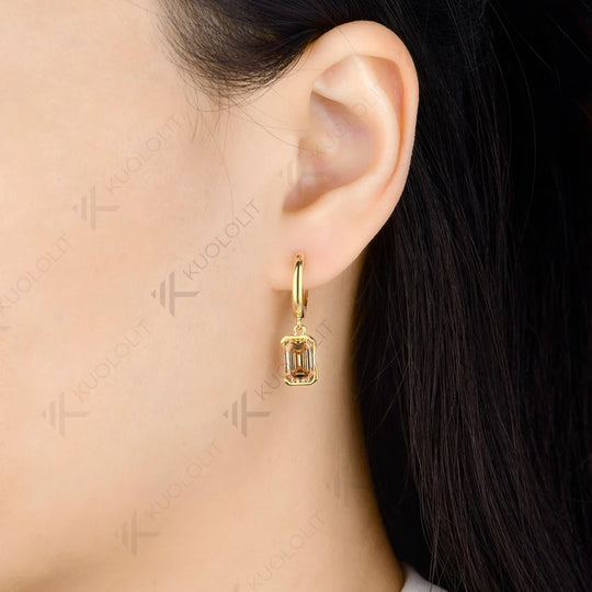 Kuololit 5CTW Champagne Moissanite Clip Earring for Women Solid 14K 10K Yellow Gold Emerald Cut Earring for Christmas Gift Party