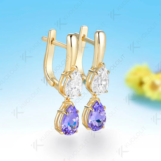 Kuololit 6CTW Lavender Sapphire and Moissanite Earrings for Women Solid 14K 10K 585 Yellow Gold Clip Earring for Christmas Gifts