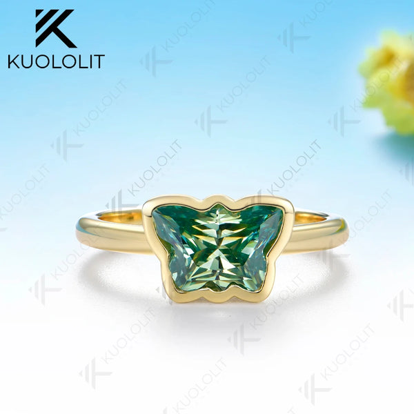 Kuololit 2CT Butterfly Cyan Moissanite Ring for Women Solid 14K 10K Yellow Gold Animal Cut Engagement for Christmas Gifts Party