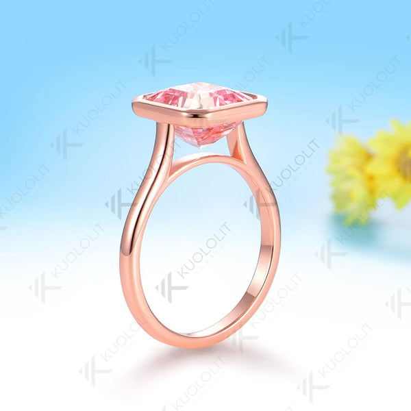 Kuololit 3.5CT Lab Grown Pink Sapphire Asscher Cut Ring for Women Solid 14K 10K 585 Rose Gold  for Engagement Wedding Christmas
