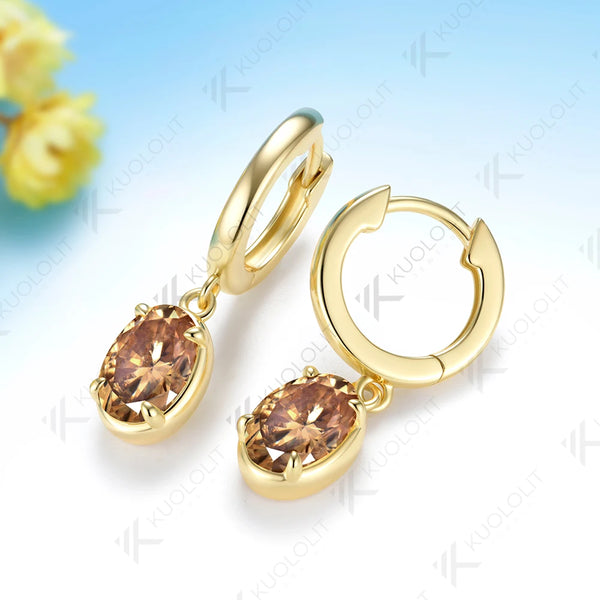 Kuololit 3.6CTW Champagne Moissanite Clip Earring for Women Solid 14K 10K Yellow Gold Oval Cut Earring for Christmas Gifts Party