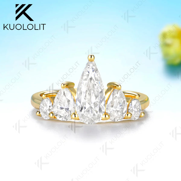 Kuololit 3.1CTW Pear Cut Moissanite Custom Ring for Women Solid 14K 10K 585 Yellow Gold Wedding Band Ring for Christmas Gifts