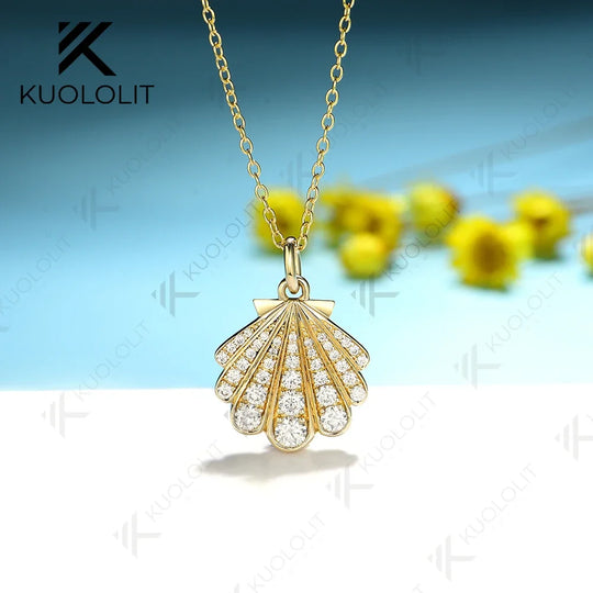 Kuololit 0.8CTW Lab Grown Diamond Necklace Solid 10k 14k Yelllow Gold for Women Luxury Shell Shape Wedding Engagement Christmas