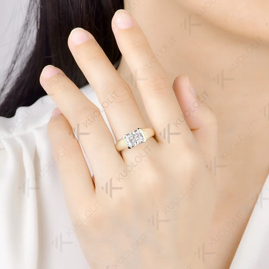 Kuololit 3CT Moissanite Radiant Custom Ring for Women Solid 14K 10K 585 Yellow Gold Engagement Ring for Christmas Gift Party
