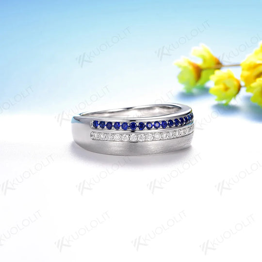 Kuololit PT900 0.55CTW Lab Sapphires Band for Women Solid Platinum 900 Gold Sapphire for Engagement Wedding Band Christmas Gifts